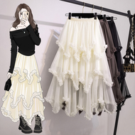 实拍大码女装新款韩版爆款时尚网纱不规则木耳边松紧气质半身裙