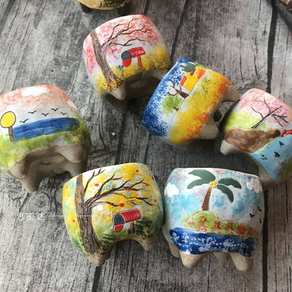 韩式手工油画风景手刻多肉肉植物粗陶泥控根桃蛋奶酪小花盆器方盆