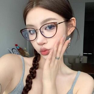 超轻茶色猫眼辣妹眼镜近视可配度数女素颜显白复古百搭眼睛框镜架