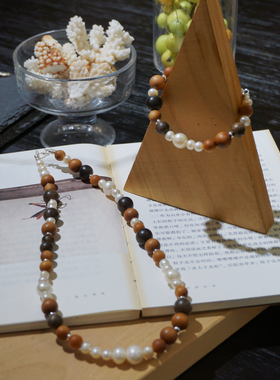 MISSWEETY 秋实檀木沉香木质项链手链套装天然淡水珍珠手串中式