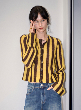 CLMX复古条纹圆领合体版针织开衫长毛马海毛混纺纱线面料休闲上衣