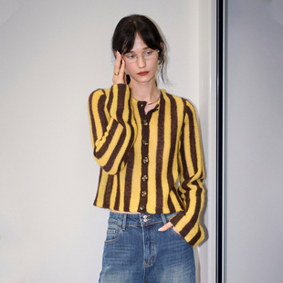 CLMX复古条纹圆领合体版针织开衫长毛马海毛混纺纱线面料休闲上衣