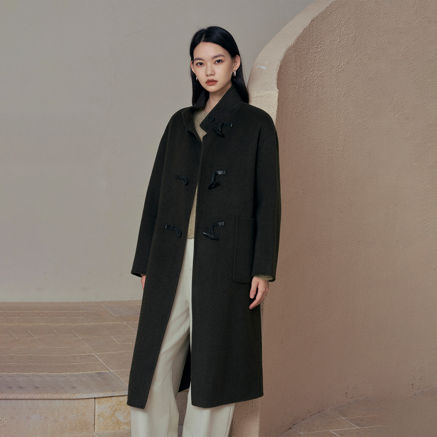 CLMX纽扣大衣羊毛羊绒混纺双面细织短顺毛面料秋冬中长款简约外套