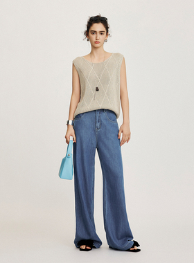 CLMX通勤圆领无袖上衣透气和纸真丝莱赛尔纱面料菱形针织背心女