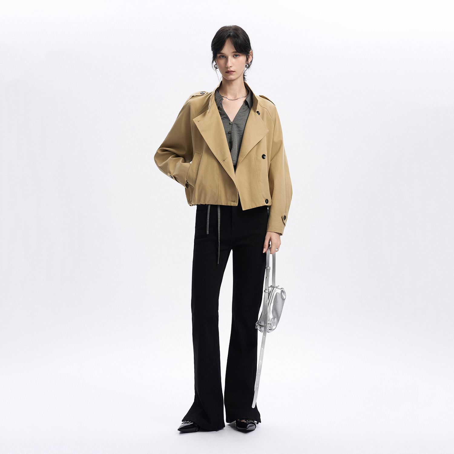 CLMX怀旧水洗复古微喇束腰牛仔裤棉混纺秋季修身通勤裤子女