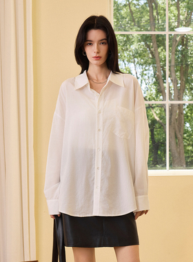 CLMX中长款翻领开襟长袖廓形衬衫100%莱赛尔平纹面料纯色宽松上衣