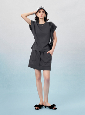 CLMX夏季休闲两件套仿铜氨空气层面料立体垂坠压褶短上衣抽绳短裙