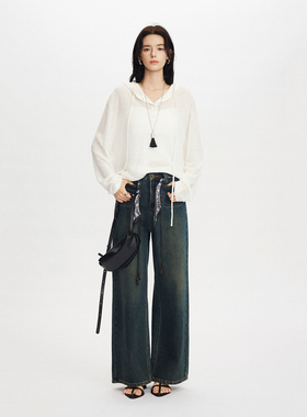 CLMX简约宽松上衣亚麻混纺幻彩双色特种纱线面料慵懒感连帽针织衫