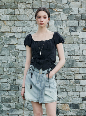 CLMX轻薄柔软褶皱苎麻莱赛尔面料 法式方领连肩泡泡袖系带上衣T恤