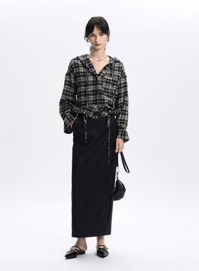 CLMX经典格纹连帽长袖衬衫外套亲肤全棉拉毛色织格纹面料休闲上衣