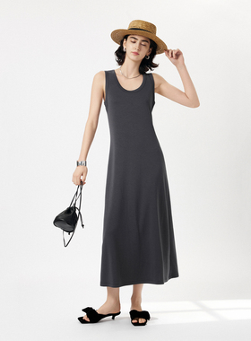 CLMX夏季简约纯色通勤裙子雾面砂洗仿铜氨丝空气层面料U领连衣裙