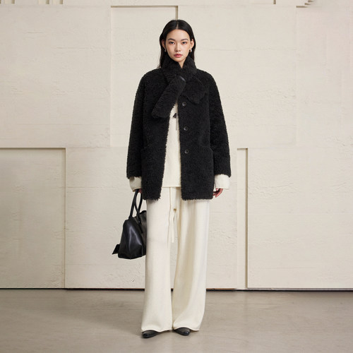 CLMX 重磅高克重高密100%绵羊毛时髦宽松落肩廓形圆领外套赠围巾