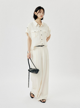 CLMX夏季工装风两件套莱赛尔亚麻混纺面料贴袋短袖上衣/压褶长裤