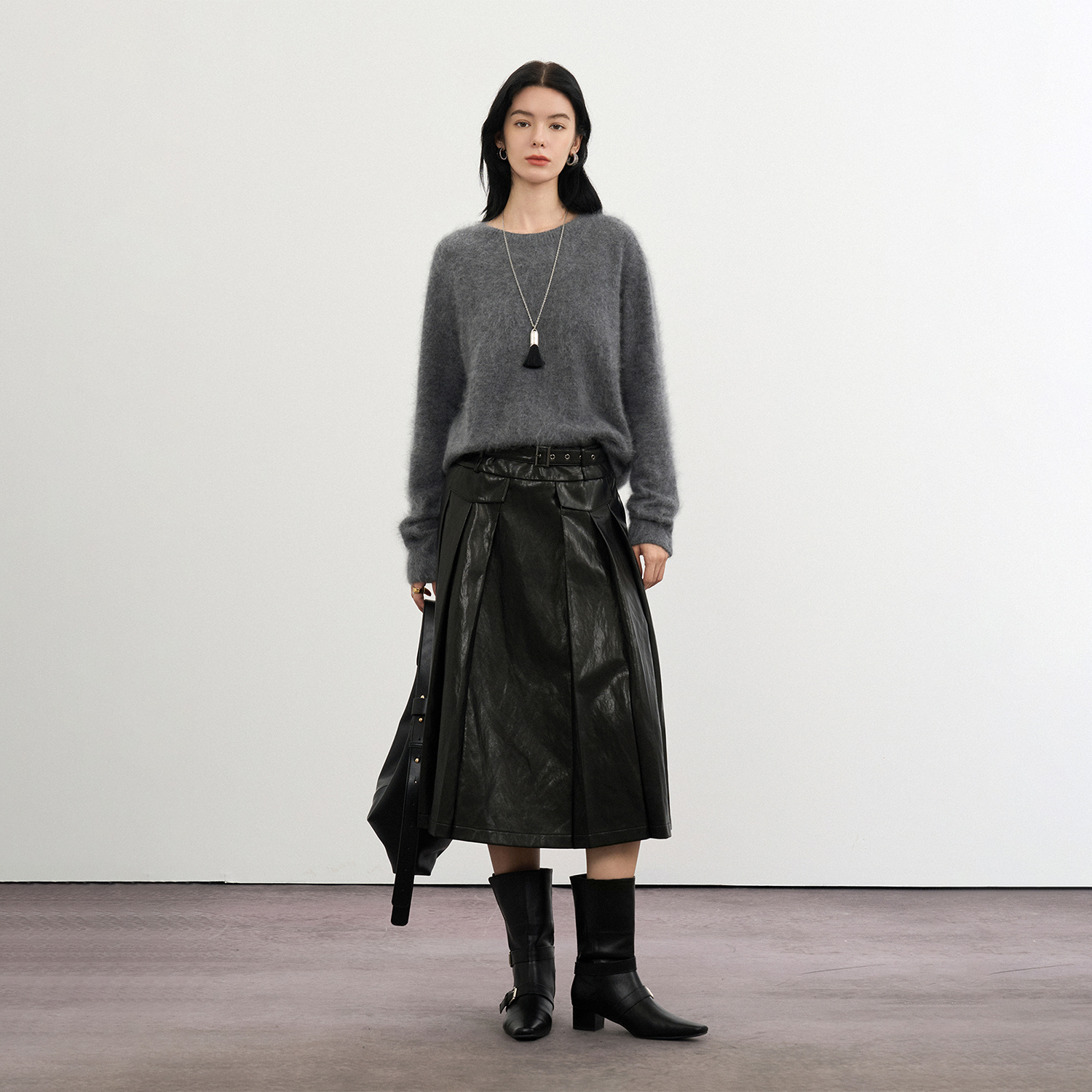 CLMX皮草感圆领毛衣100%拉绒羊绒面料慵懒藏肉显瘦通勤上衣针织衫