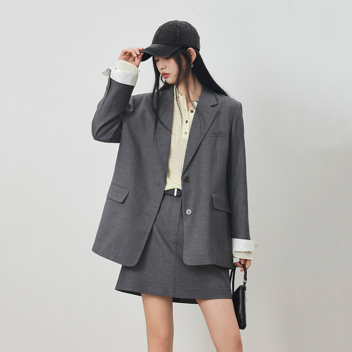 CLMX 十字纹肌理精纺羊毛西装面料 老钱风拼接袖口西装/半裙2件套