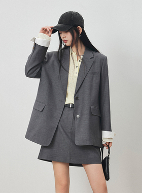 CLMX 十字纹肌理精纺羊毛西装面料 老钱风拼接袖口西装/半裙2件套