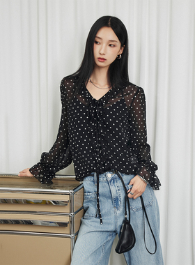 CLMX 轻透复古波点平纹薄纱雪纺 复古小波点荷叶边V领衬衫+吊带