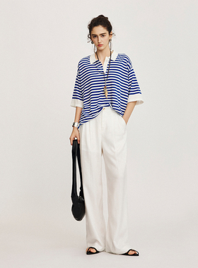 CLMX简约通勤拼色条纹上衣桑蚕丝莱赛尔混纺纱线面料翻领针织衫女