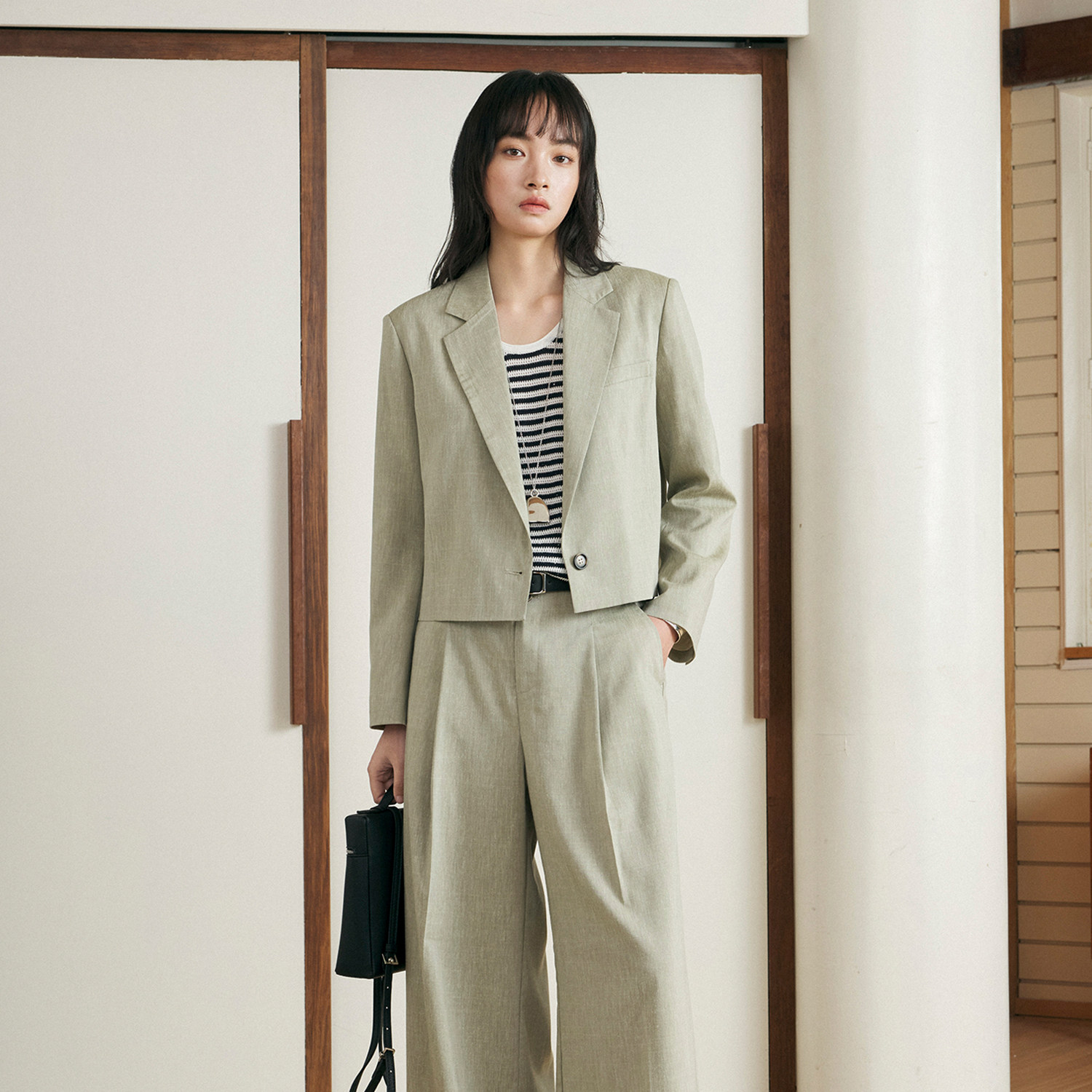 CLMX亚麻莱赛尔垫肩长袖短款西装外套女春季宽松阔腿直筒长裤套装