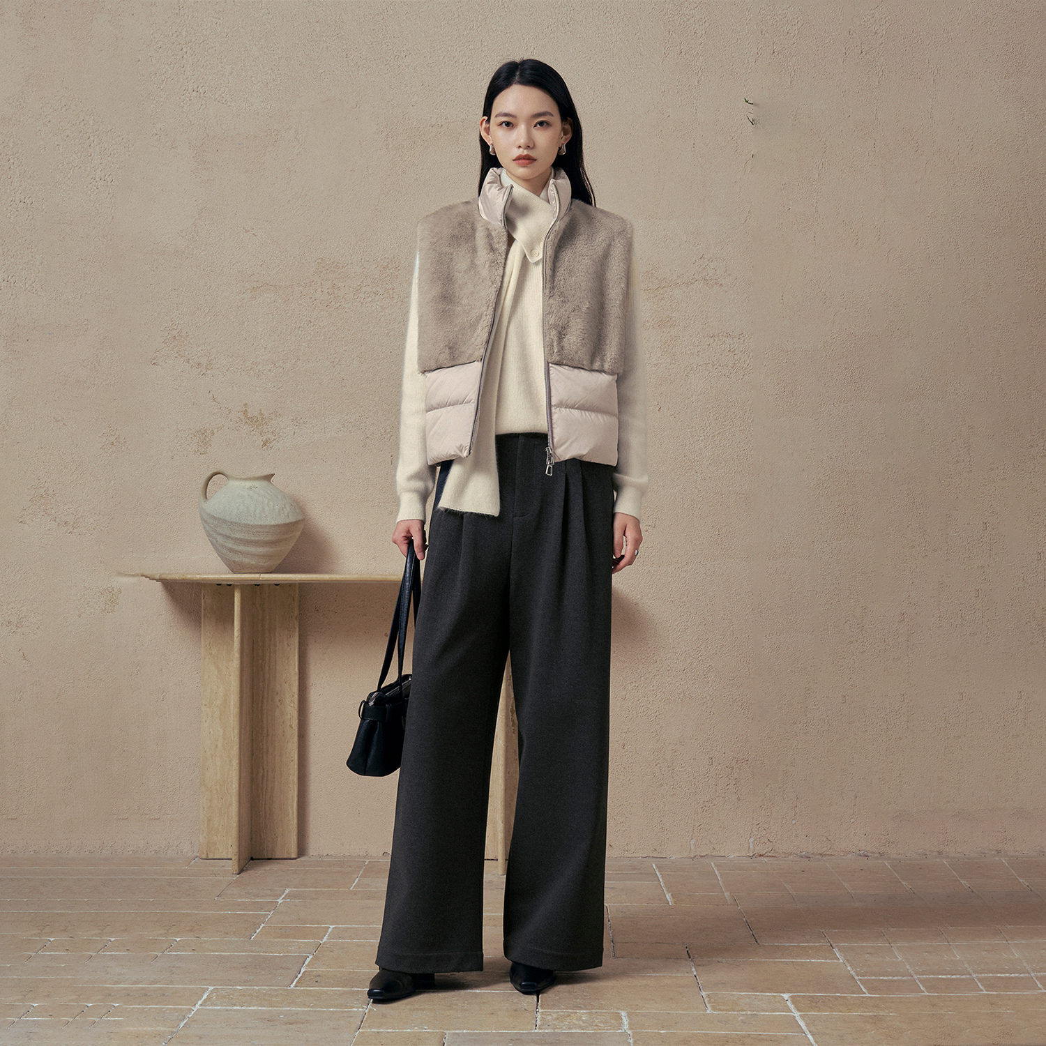 CLMX 冬日蓬松暖意90白鸭绒环保皮草拼布立领开襟双拉链羽绒马甲