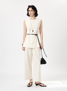 CLMX简约通勤两件套时装风莱赛尔棉混纺无袖拼接上衣/九分阔腿裤