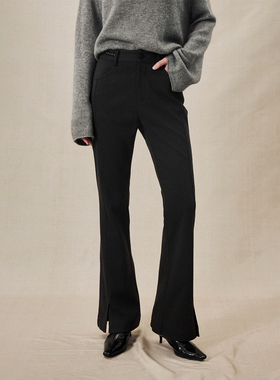 CLMX 聚酯纤维含羊毛混纺磨毛针织布 通勤风修身羊毛针织喇叭裤