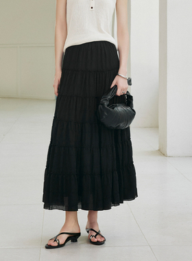 CLMX 干爽垂顺易打理亚麻莱赛尔面料 休闲简约褶皱蛋糕半身裙