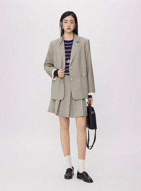 CLMX挺阔有型混纺斜纹西装面料知识分子风撞色边西装百褶短裙套装