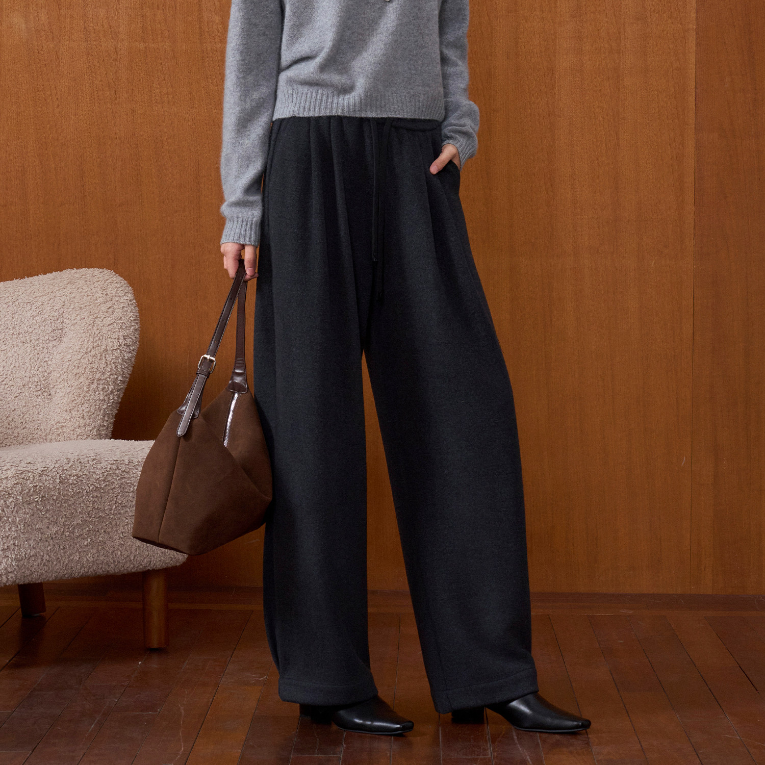 CLMX抽绳松紧连腰宽松窄脚休闲裤双面复合羊毛混纺针织通勤长裤女