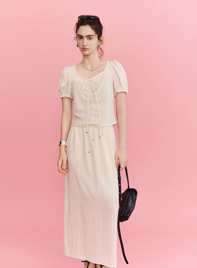 CLMX两件套轻盈微透感亚麻莱赛尔混纺面料方领上衣/简约半身裙女
