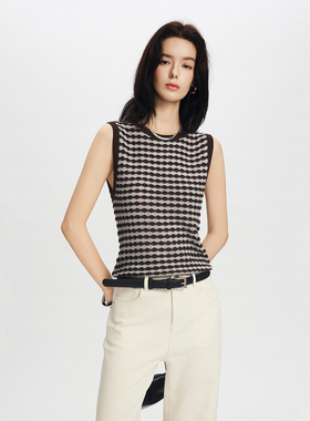 CLMX时装感通勤无袖上衣高密混纺羊毛纱面料修身菱形格针织背心