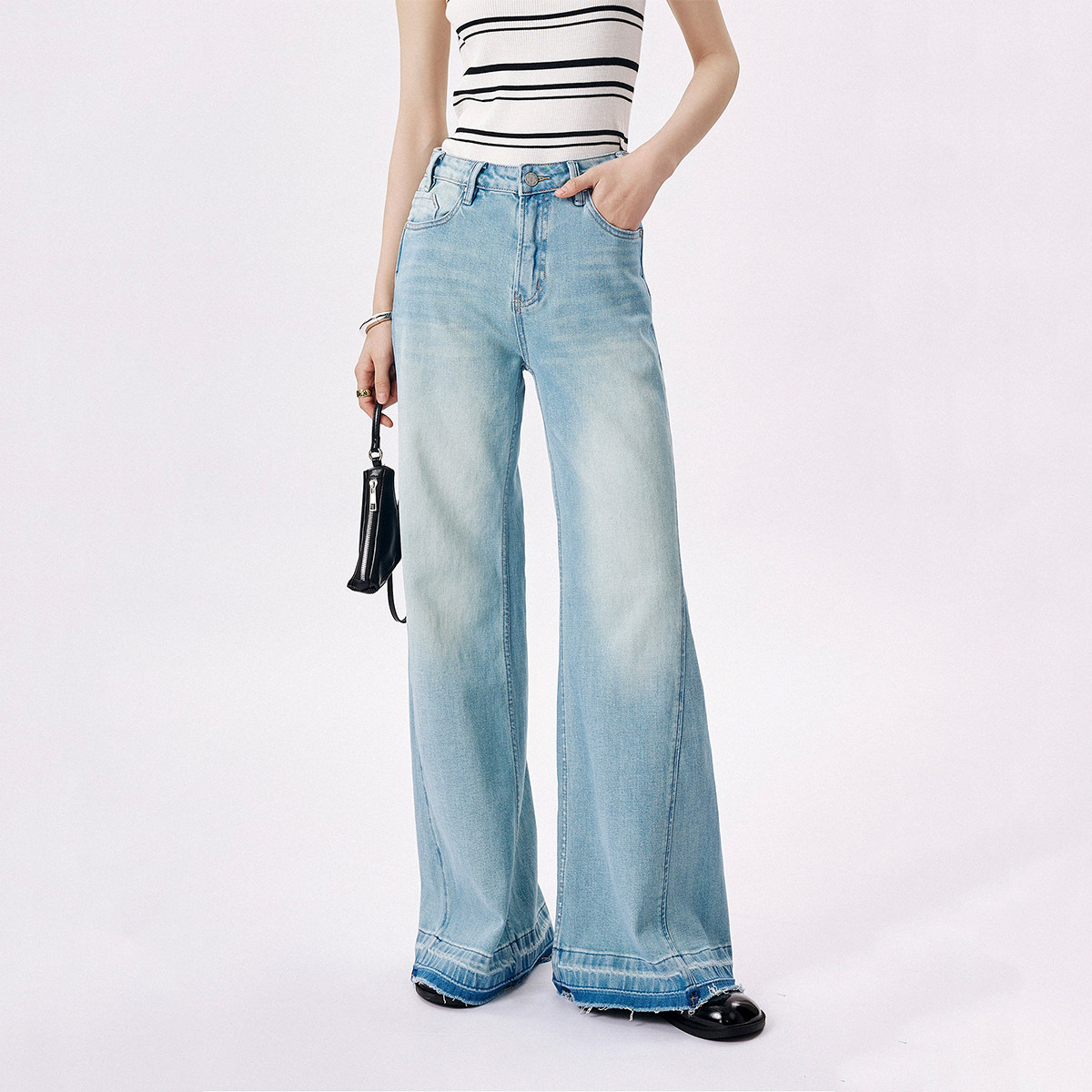 CLMX 土耳其织造工艺棉牛仔 复古折边水洗毛边脚口阔腿牛仔裤