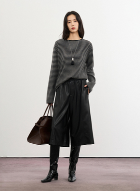 CLMX复古条纹圆领针织衫40支细针羊毛兔毛混纺纱线秋冬通勤上衣女