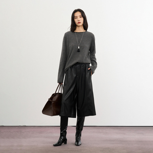 CLMX复古条纹圆领针织衫40支细针羊毛兔毛混纺纱线秋冬通勤上衣女