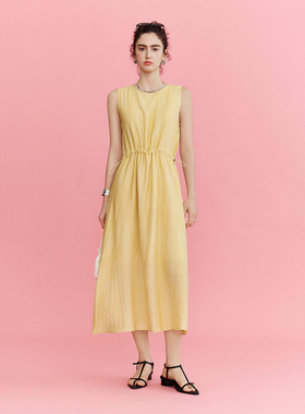 CLMX气质通勤无袖裙子轻盈竹节纱肌理粘纤锦纶混纺面料炒色连衣裙