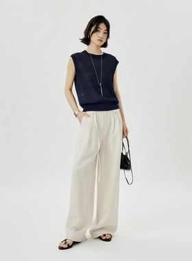 CLMX休闲舒适宽松阔腿裤子时装风十字纱结莱赛尔亚麻系腰带直筒裤