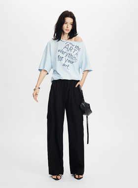 CLMX简约纯色阔腿直筒裤子竹节肌理莱赛尔棉混纺面料贴袋休闲裤