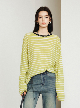 CLMX简约宽松慵懒感上衣自然肌理感棉亚麻混纺纱面料条纹针织衫女