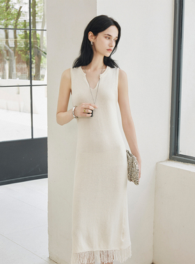 CLMX 天然和纸纱莱赛尔棉混纺纱面料 半开襟圆领流苏无袖连衣裙