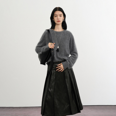 CLMX时髦知识分子风亮面pu腰带百褶裙秋冬通勤压褶半身裙女