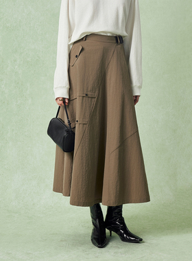 CLMX 自然水洗皱缩工艺亚麻面料 时髦工装风腰带斜线分割A摆半裙