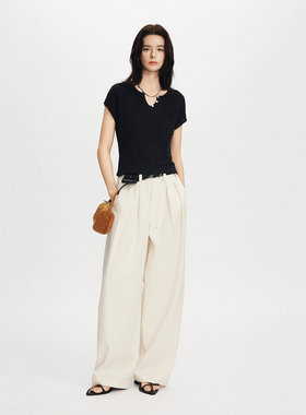 CLMX通勤短袖针织衫羊毛锦纶聚酯纤维混纺点子花纱V领肌理上衣女