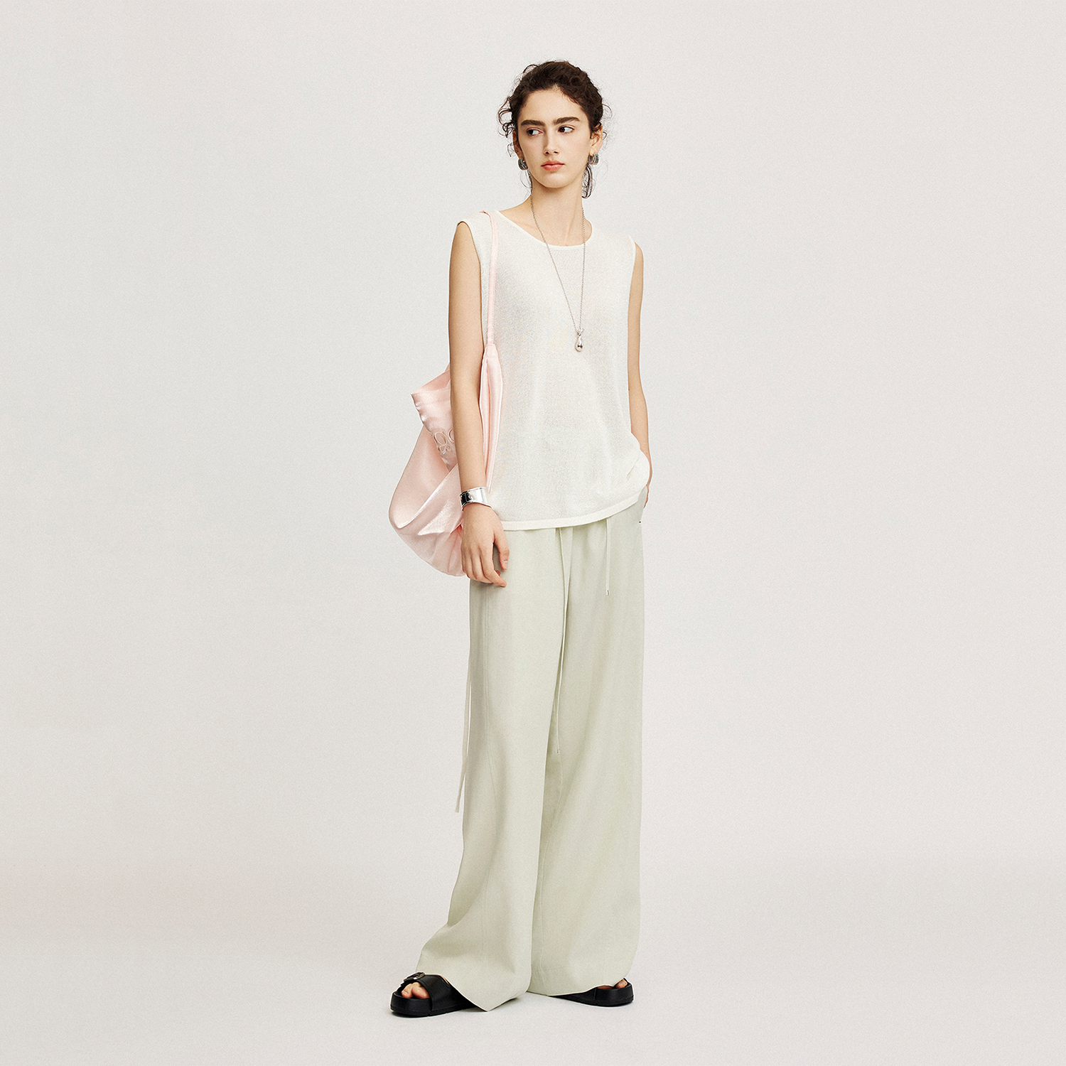 CLMX简约通勤上衣重磅透气和纸真丝莱赛尔纱面料系带无袖背心女