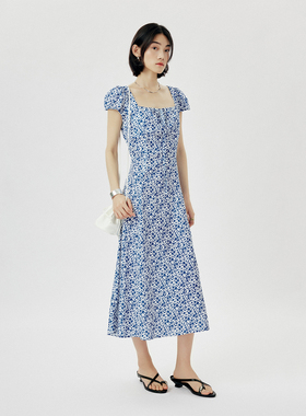 CLMX泡泡袖方领碎花连衣裙女夏季气质中长款收腰显瘦通勤风衣服