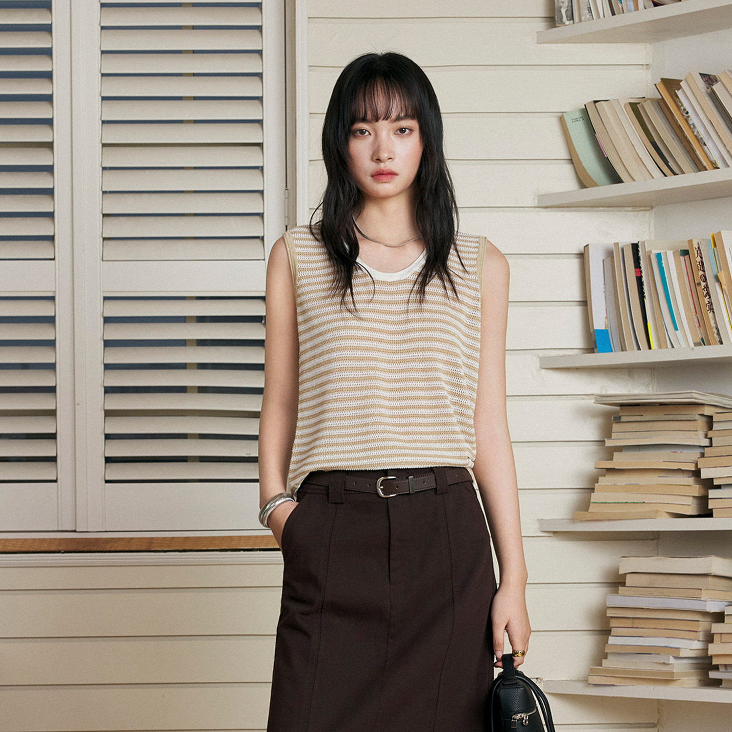 CLMX亚麻棉三色条纹圆领无袖针织吊带女初夏气质修身背心外穿上衣