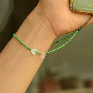 轻细文艺清新绿色串珠琉璃叶子贝壳鸭子手机包包挂件防丢挂手腕链