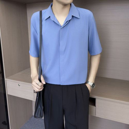 【D7】浅蓝色cleanfit短袖衬衫男暗门襟垂感商务休闲通勤正装衬衣