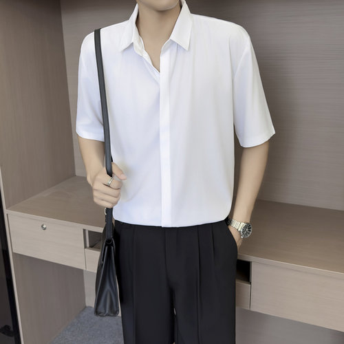 【D7】白色暗扣短袖衬衫男高级感垂坠感商务休闲百搭免烫正装衬衣