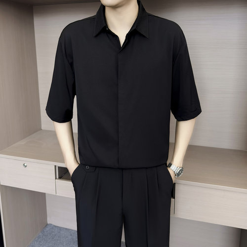 【D7】黑色冰丝短袖衬衫男暗门襟高级感免烫商务休闲职业正装衬衣