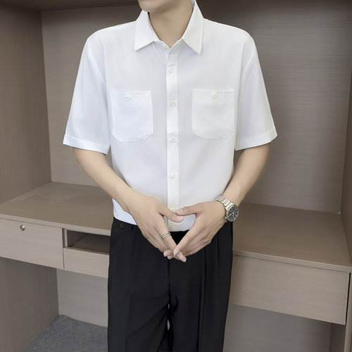 【D5】白色双口袋短袖衬衫男士cleanfit垂感宽松商务休闲百搭衬衣